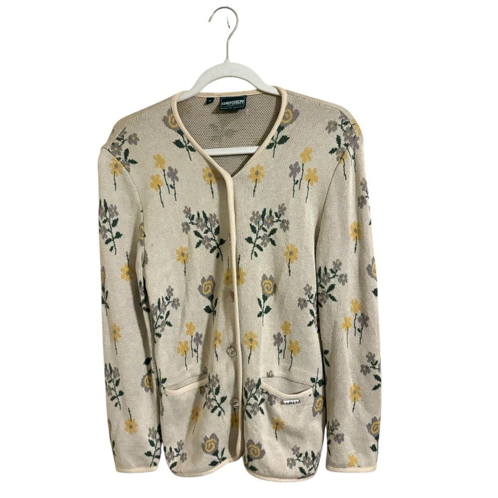 Geiger Cream Flowers‎ Button Down Cardigan Size 34 Small